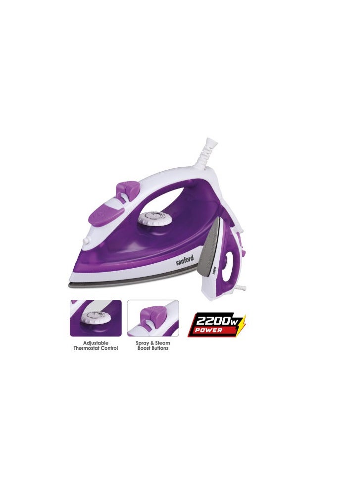 2200W Steam Iron with Dry, Spray, Steam & Self-Cleaning Functions – Adjustable Thermostat, 160ml Water Tank, Burst & Vertical Steam, Overheat Protection