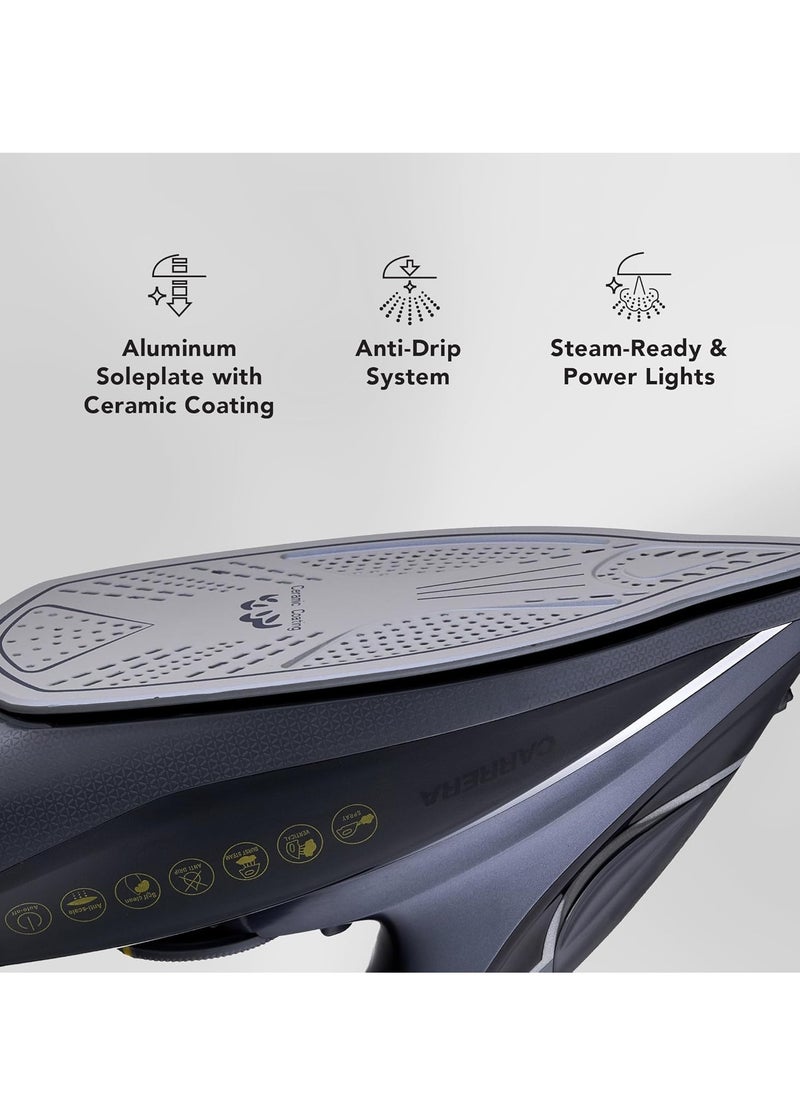 CARRERA Steam Iron No 210-2600W Power, Aluminum Soleplate with Ceramic Coating, Anti-Calc, Self-Cleaning, Adjustable Temperature, Auto Shut-Off