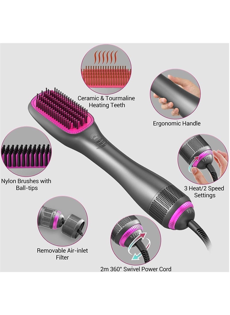 REBENUO RE-KLD806 1200W Hair Dryer Brush Salon & Home 3-In-1 Hot Air Styler Straightening & Curling Fast Heating Hair Styler Comb Brush Strong Wind Hair Blow Dryer. (Pink)