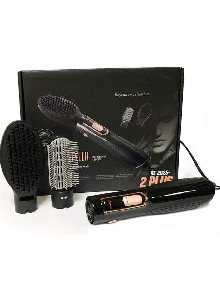 REBENUO 2-In-1 Hair Styler Set Hot Air 200W RE-2025-2Plus, 3 Speed Control Switches, Helps Detangle Coarse Hair, Light weight Designer & Comfortable to Use, 1200WPower. (Black)