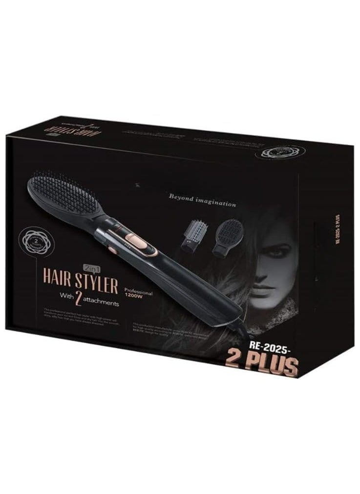 REBENUO 2-In-1 Hair Styler Set Hot Air 200W RE-2025-2Plus, 3 Speed Control Switches, Helps Detangle Coarse Hair, Light weight Designer & Comfortable to Use, 1200WPower. (Black)