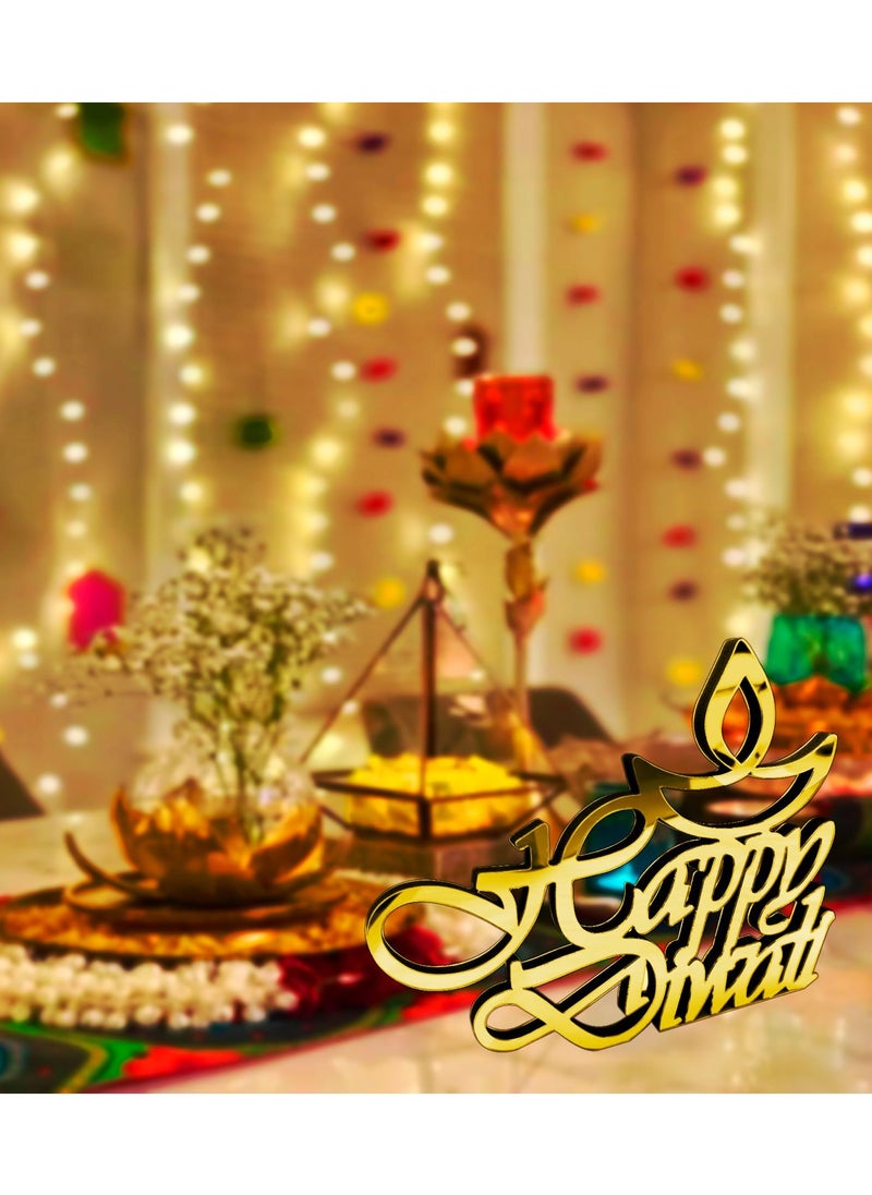Exquisite Roman Calligraphy MDF Decors, Celebrate Diwali with Elegant Home Decor Wall Art, Perfect Free-Standing Tabletop and Shelf Accents for a Joyous Festival (Siler/Gold). translate