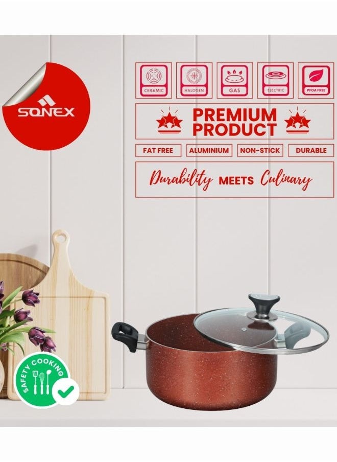 Sonex 3.5 Ltr Non Stick Casserole with Tempered Glass Lid & Heat-Resistant Bakelite Handle, 22 cm, Marble Coated - Copper, Premium Cookware, Even Heating, High-Quality Aluminum,Durable & Easy to Clean