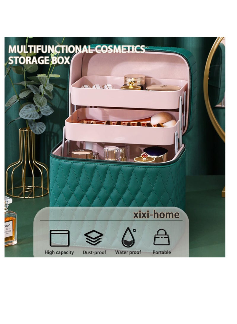Traveling Cosmetic Bag With Mirror, Portable Makeup Travel Bag, Lady'S Makeup Box Beauty Box, Multi-Function Cosmetic Storage Box, Dividers Cosmetics Organizer for Women (Green)