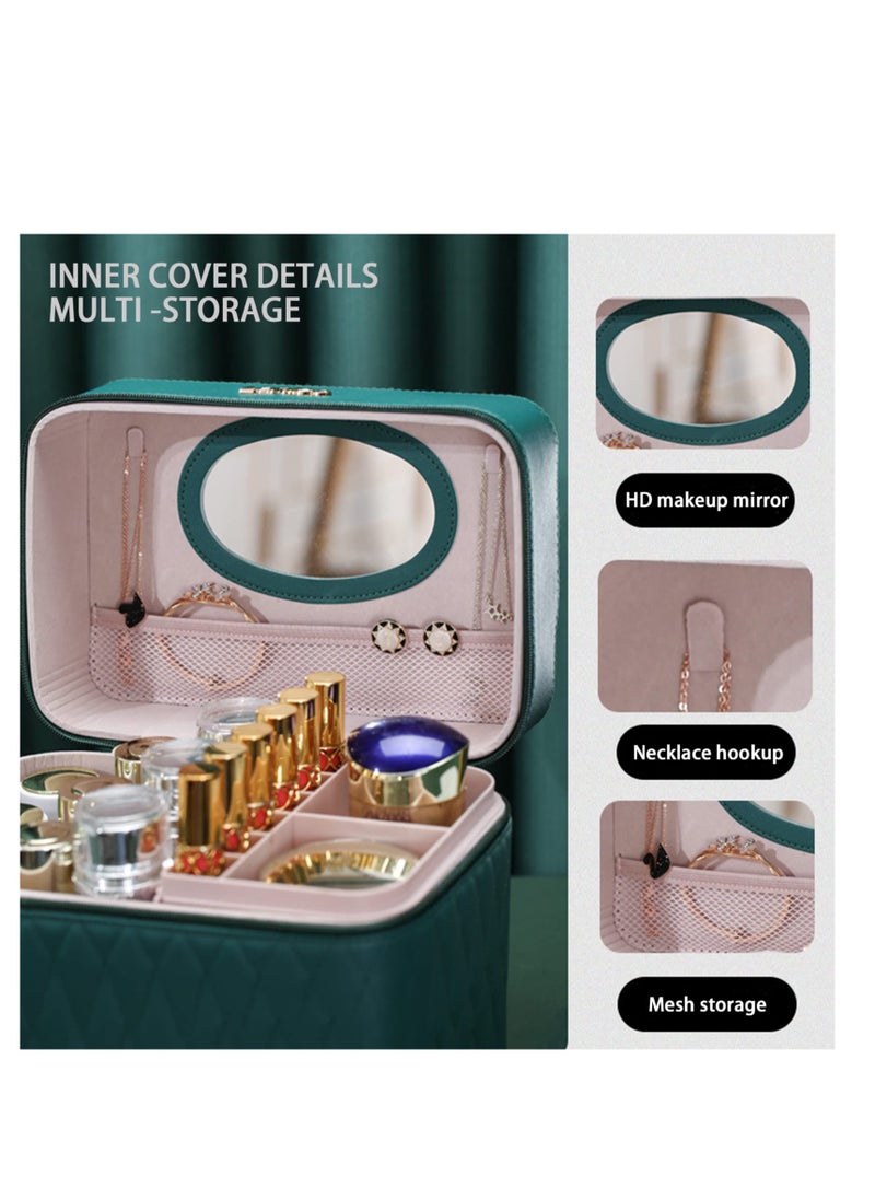 Traveling Cosmetic Bag With Mirror, Portable Makeup Travel Bag, Lady'S Makeup Box Beauty Box, Multi-Function Cosmetic Storage Box, Dividers Cosmetics Organizer for Women (Green)