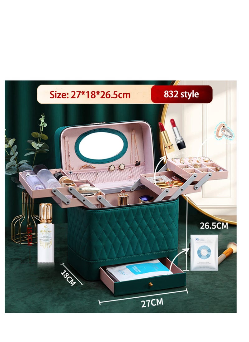 Traveling Cosmetic Bag With Mirror, Portable Makeup Travel Bag, Lady'S Makeup Box Beauty Box, Multi-Function Cosmetic Storage Box, Dividers Cosmetics Organizer for Women (Green)