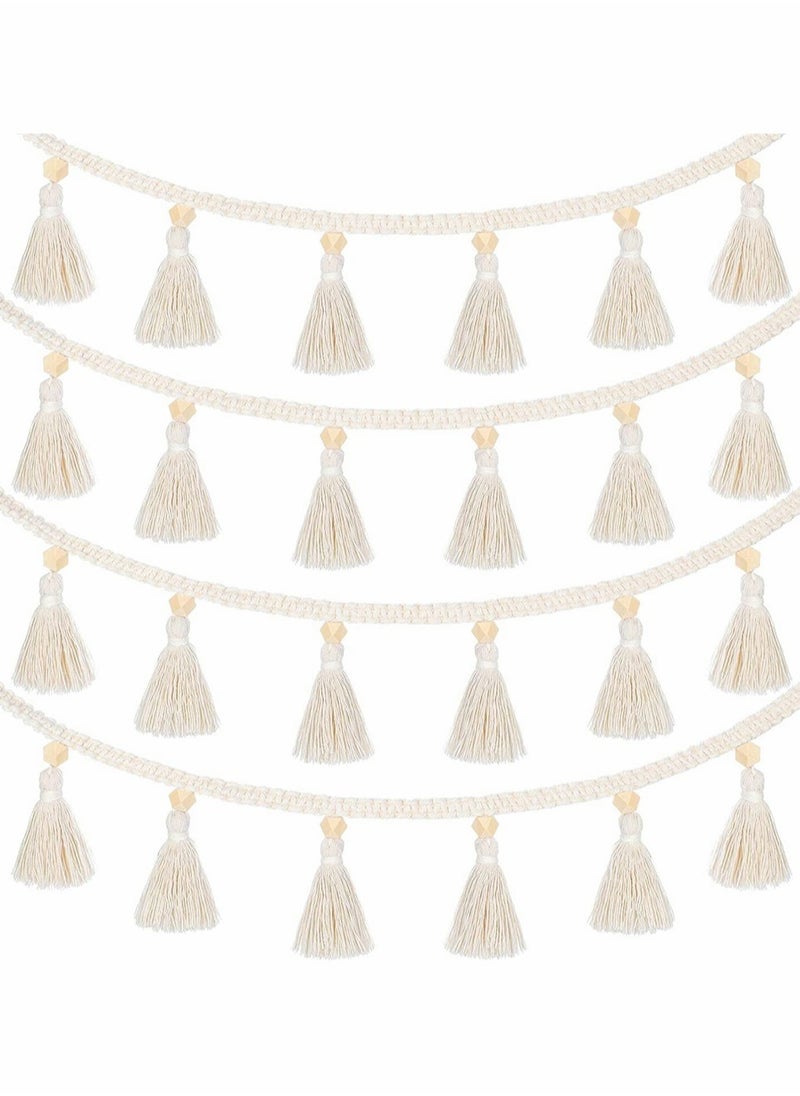 4 Pcs Macrame Woven Tassel Garland, Hanging Tassel Fringe Garland Banner Basket Decorative Wall Hangings for Home Decor Nursery Room, Rustic Country Decor 37.4 Inch