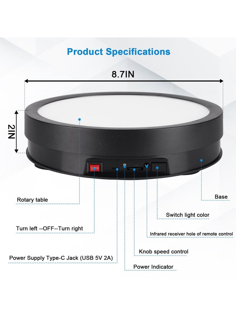 Motorized Rotating Display Stand with 6 Modes Color LED Lights, 8.7inch 66LB Load Ultra-Quiet 360 Degree Rechargable Rotating Turntable for Photography Products, Jewelry, Cake, 3D Model (Black)