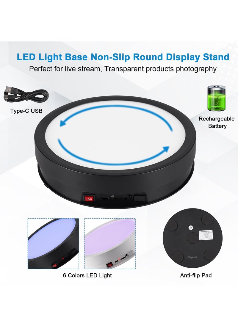 Motorized Rotating Display Stand with 6 Modes Color LED Lights, 8.7inch 66LB Load Ultra-Quiet 360 Degree Rechargable Rotating Turntable for Photography Products, Jewelry, Cake, 3D Model (Black)