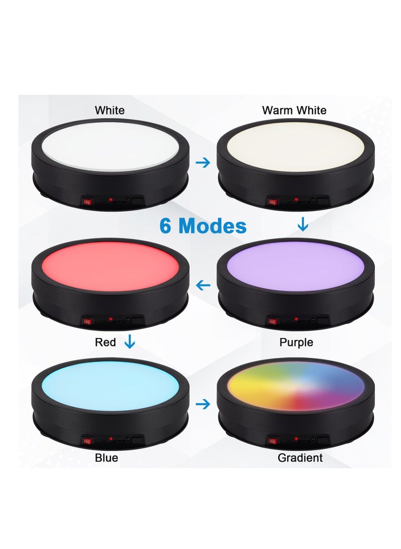 Motorized Rotating Display Stand with 6 Modes Color LED Lights, 8.7inch 66LB Load Ultra-Quiet 360 Degree Rechargable Rotating Turntable for Photography Products, Jewelry, Cake, 3D Model (Black)