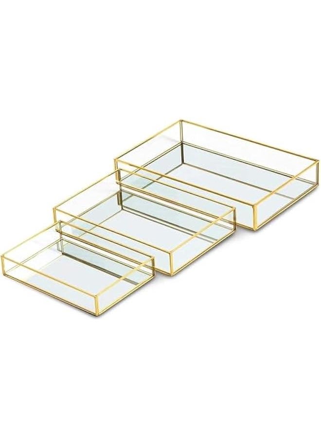 3 Pieces Mirror Tray Metal Vanity Mirror Tray Rectangle Octagon Perfume Tray Jewelry Mirror Makeup Tray Cosmetic Dresser Tray for Dresser Bedroom Bathroom Hotel, 3 Sizes (Rectangular)