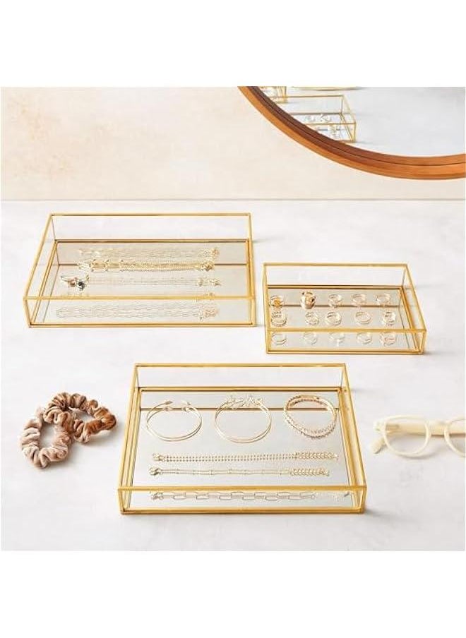 3 Pieces Mirror Tray Metal Vanity Mirror Tray Rectangle Octagon Perfume Tray Jewelry Mirror Makeup Tray Cosmetic Dresser Tray for Dresser Bedroom Bathroom Hotel, 3 Sizes (Rectangular)