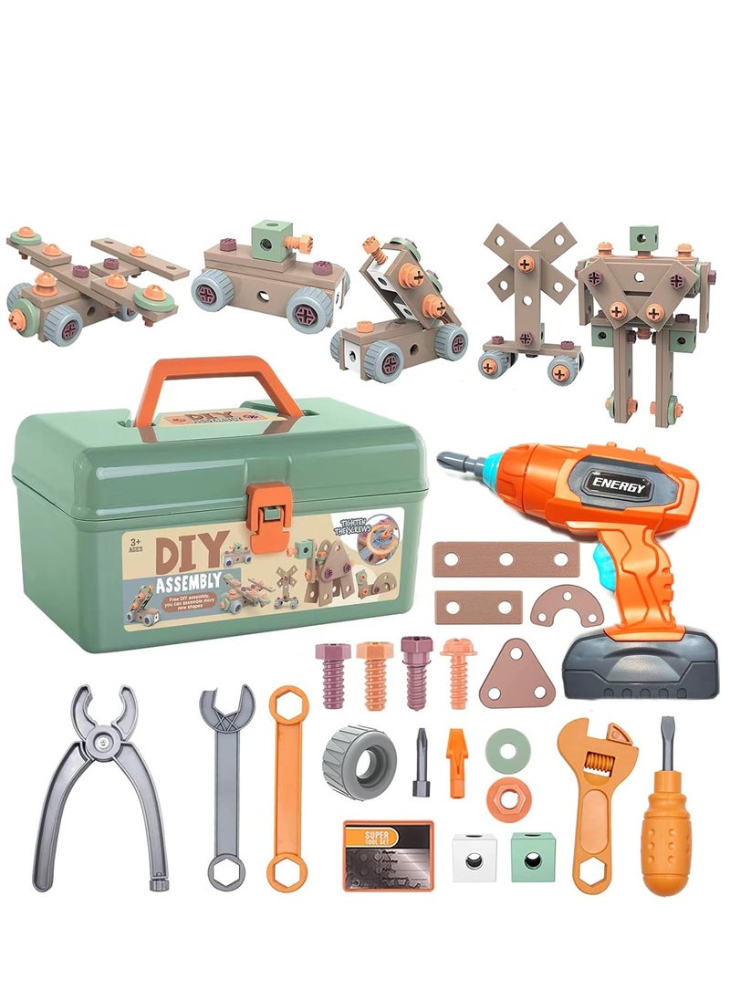 144-Piece Kids Montessori Tool Set, Pretend Play Construction Tool Kit with Electric Drill Hammer Tool Accessories, Power Tool Box Set with Tool Box for Girls Boys