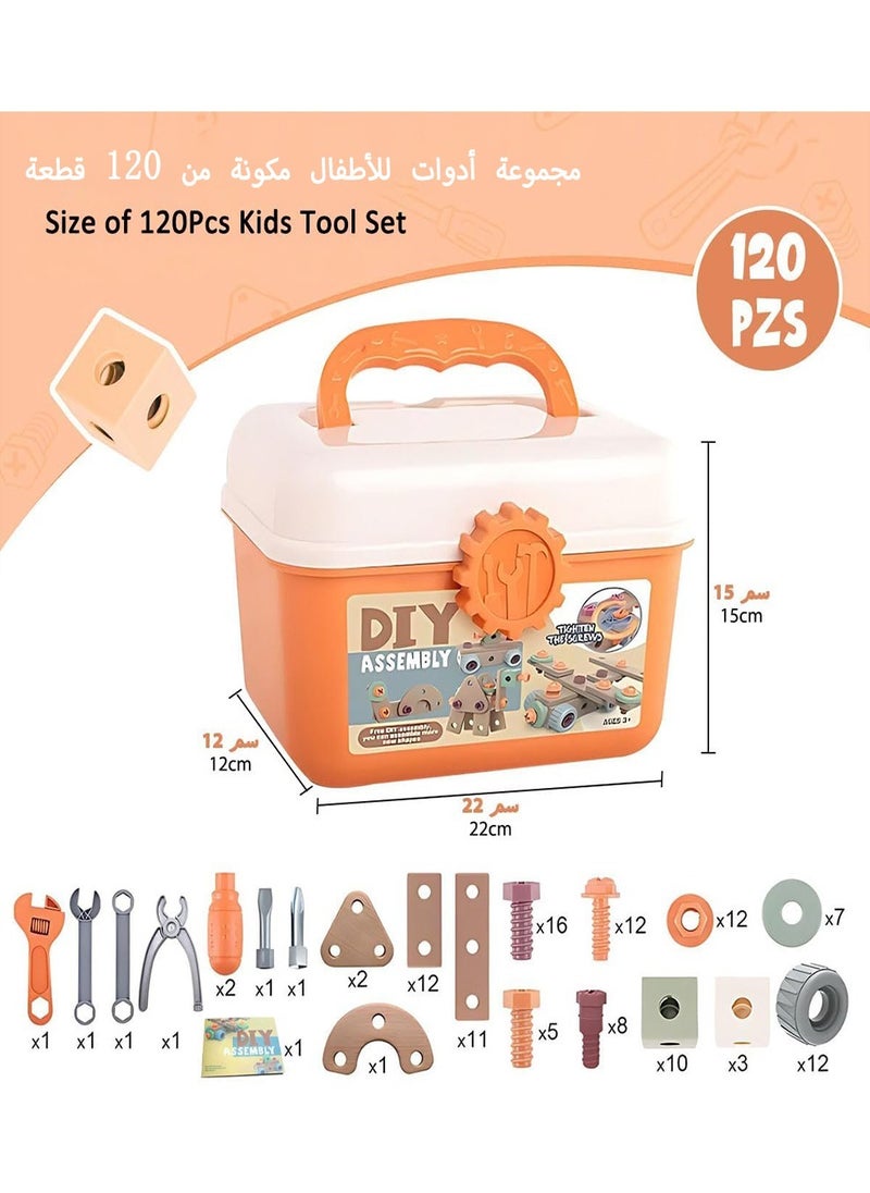 120-Piece Kids Montessori Tool Set, Construction Toy with Storage Box & DIY Screw Puzzle Assembly Pieces,  Creative Engineering Building Kit Pretend Play Toy Gift for Boy Girl