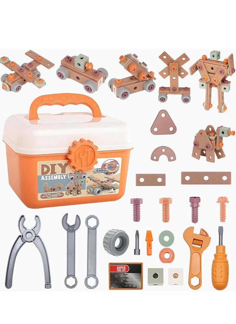 120-Piece Kids Montessori Tool Set, Construction Toy with Storage Box & DIY Screw Puzzle Assembly Pieces,  Creative Engineering Building Kit Pretend Play Toy Gift for Boy Girl