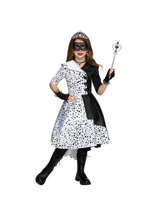 Girl Dalmatian Costume, Black And White Polka Dots Outfit, Vintage Dress Set For Girls Halloween Party Role Play(Large(10-12 Yrs))