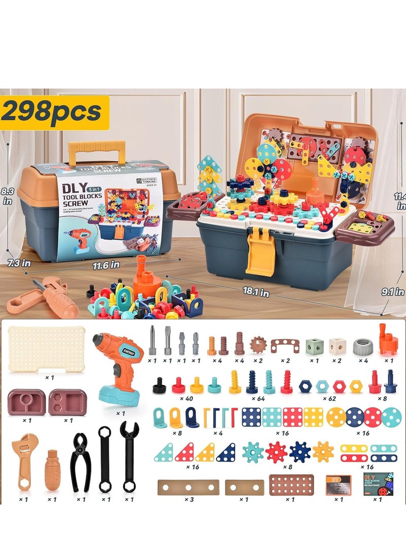 298-Piece Magic Montessori Play Toolbox, Kids Design and Drill Toy Set with Electric Drill, Screwdriver Toy Power Tools Box Drill and Screw Kit for Boys Girls