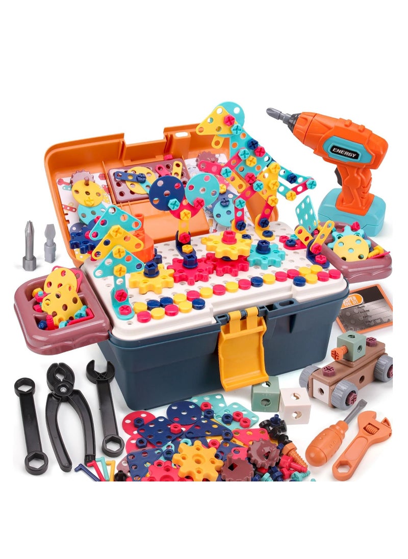 298-Piece Magic Montessori Play Toolbox, Kids Design and Drill Toy Set with Electric Drill, Screwdriver Toy Power Tools Box Drill and Screw Kit for Boys Girls