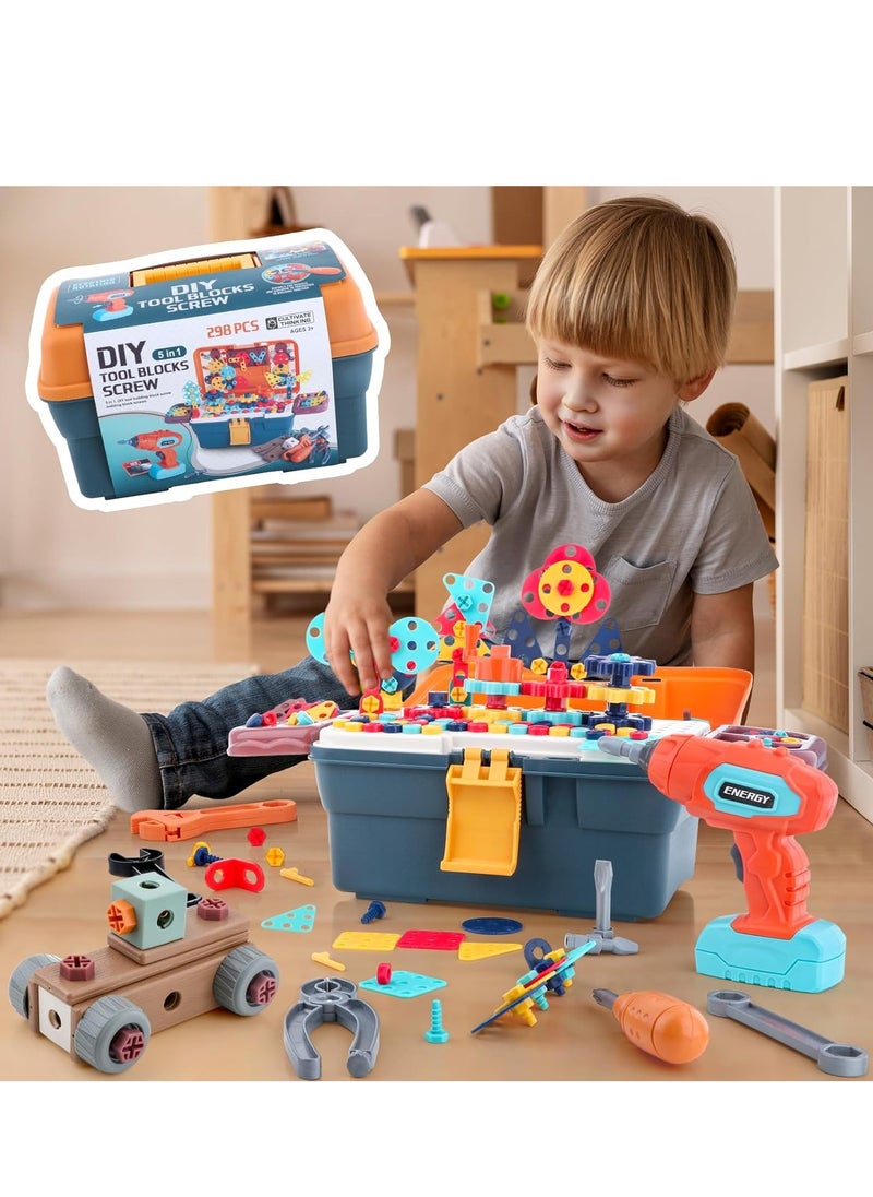 298-Piece Magic Montessori Play Toolbox, Kids Design and Drill Toy Set with Electric Drill, Screwdriver Toy Power Tools Box Drill and Screw Kit for Boys Girls