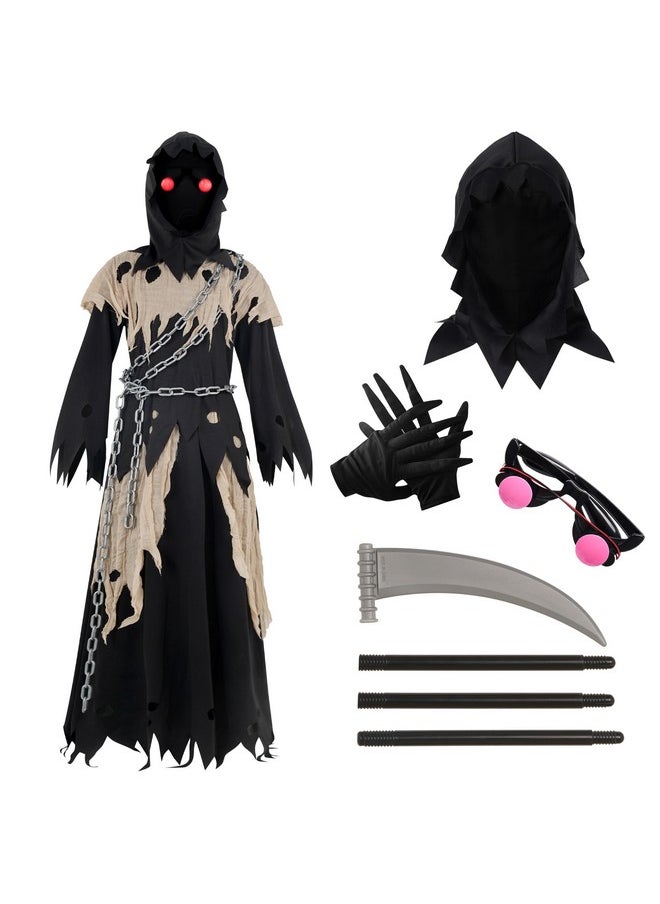 Glowing Eyes Kids Grim Reaper Costume, Halloween Costume For Boys, Grim Reaper Costume For Boys, Phantom Costume-L