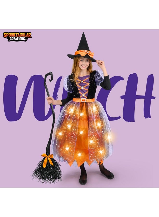 Witch Costume Kids, Light Up Halloween Costumes Witch Dress With Hat And Broom For Girls, Sweet Wizard Set For Toddler Scayr Halloween Themed Parties, Orange, L