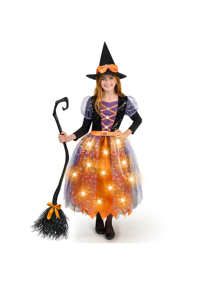 Witch Costume Kids, Light Up Halloween Costumes Witch Dress With Hat And Broom For Girls, Sweet Wizard Set For Toddler Scayr Halloween Themed Parties, Orange, L