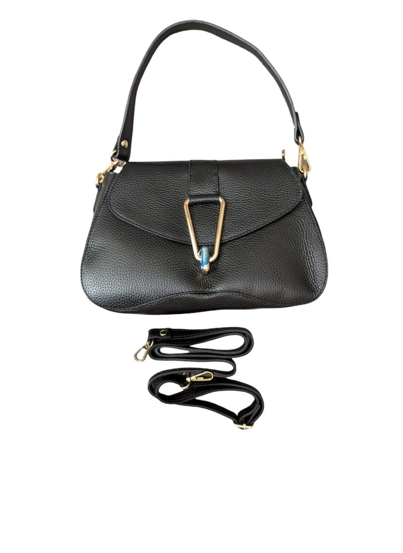 Black Shoulder Bag in genuine leather, Made in Italy