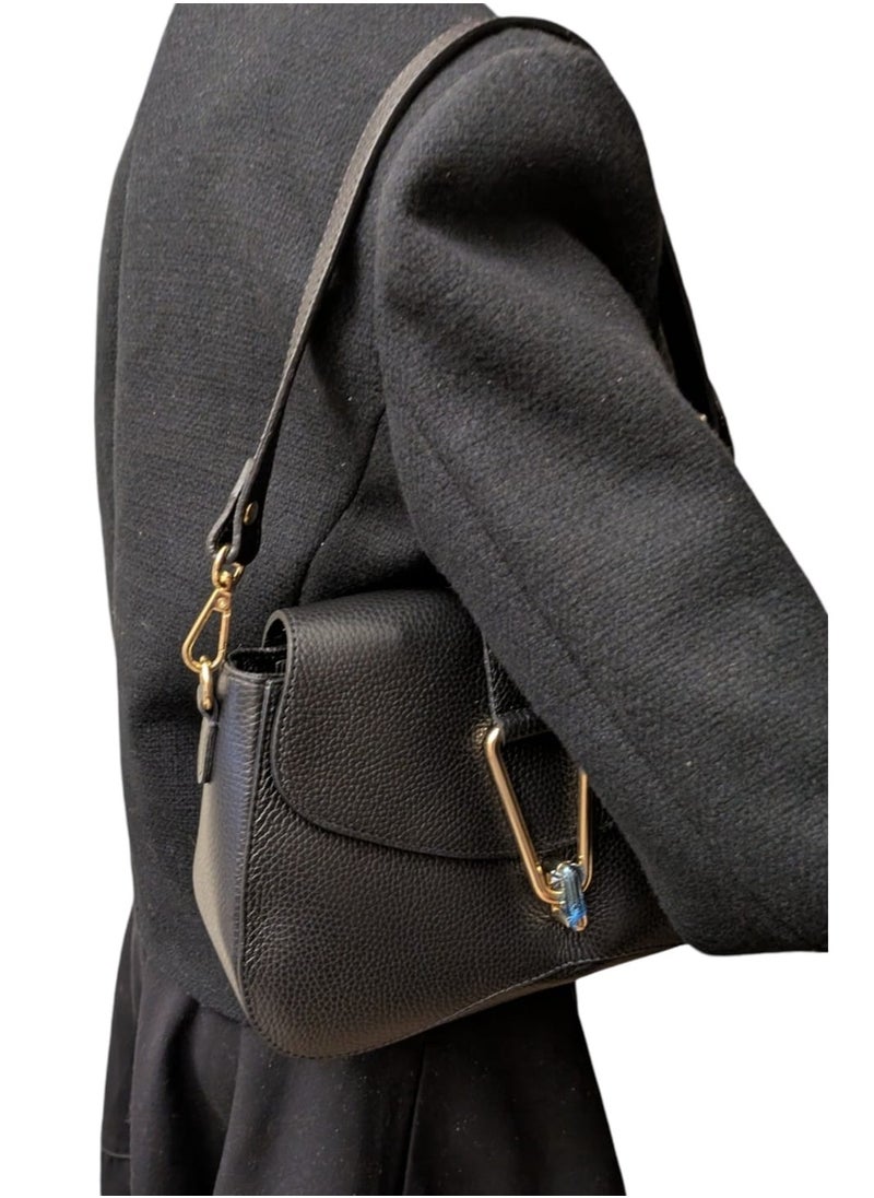 Black Shoulder Bag in genuine leather, Made in Italy