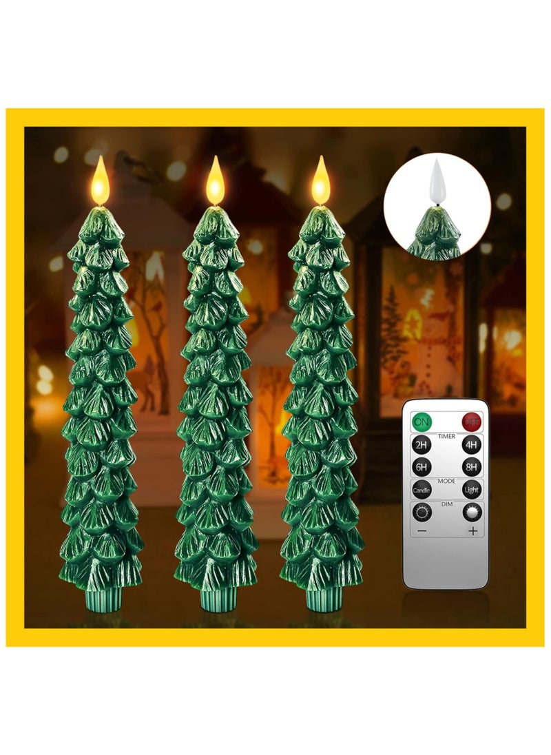 3-Pack LED Christmas Tree Flameless Candles Battery Operated with Remote & Timer, 3D Wax Pine Tree Candlesticks for Holiday Home Decor, Warm White Decorative Light for Room, Table, Dinner, Party