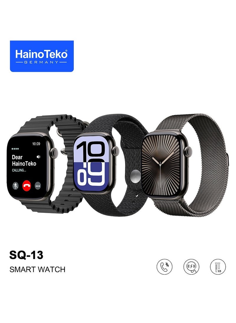 Haino Teko SQ-13 Series 10 Jet Black Smart Watch With Large Screen AMOLED Display AI Voice Assistance 3 Pair Straps and Charging Cable Black Designed for Ladies and Gents