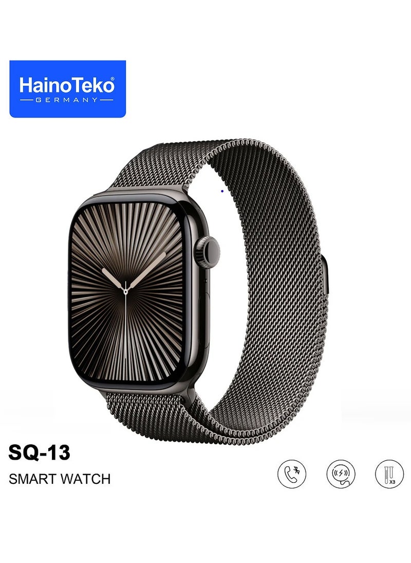 Haino Teko SQ-13 Series 10 Jet Black Smart Watch With Large Screen AMOLED Display AI Voice Assistance 3 Pair Straps and Charging Cable Black Designed for Ladies and Gents