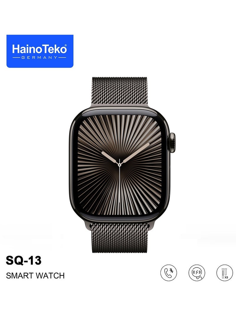 Haino Teko SQ-13 Series 10 Jet Black Smart Watch With Large Screen AMOLED Display AI Voice Assistance 3 Pair Straps and Charging Cable Black Designed for Ladies and Gents