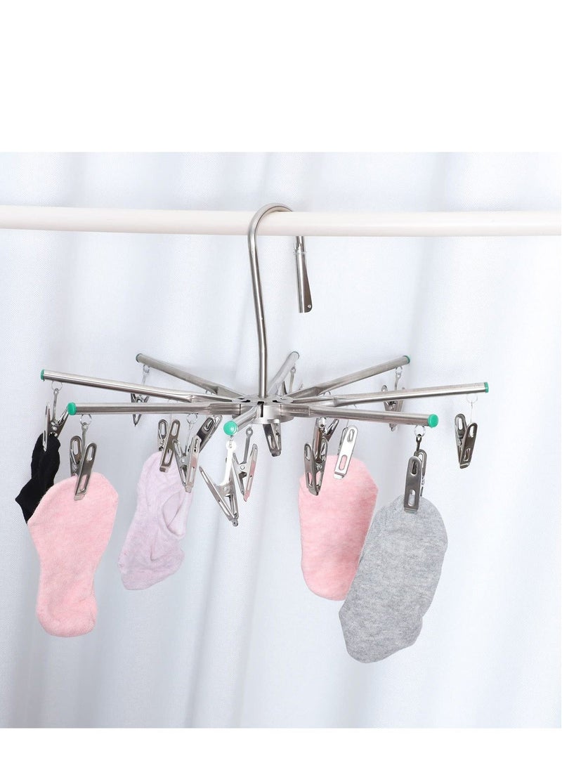 Sock Dryer Stainless Steel 16 Pegs Swivel Hook Clothes Drying Hanger Rustproof Clothesline Windproof Hanging Dryer for Underwear Socks Bras Baby Clothes Gloves