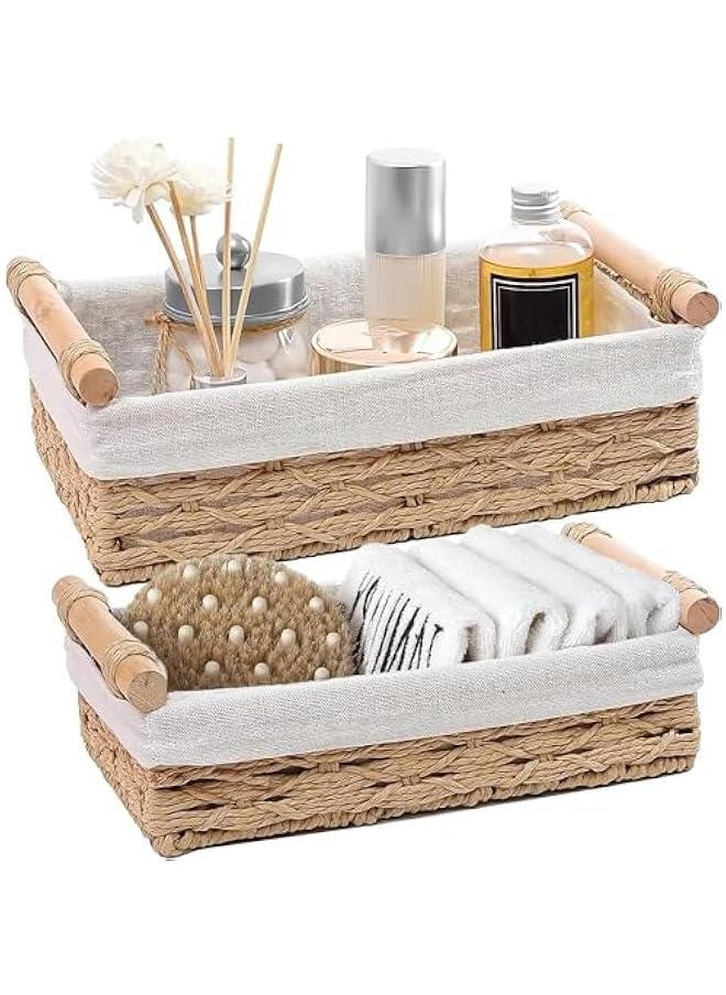 2-Pack Rectangle Woven Home Storage Baskets with Washable Liner, Paper Rope Storage Baskets Straw Rattan Basket for Organizing with Handle, Cosmetic Storage Box (Wood)