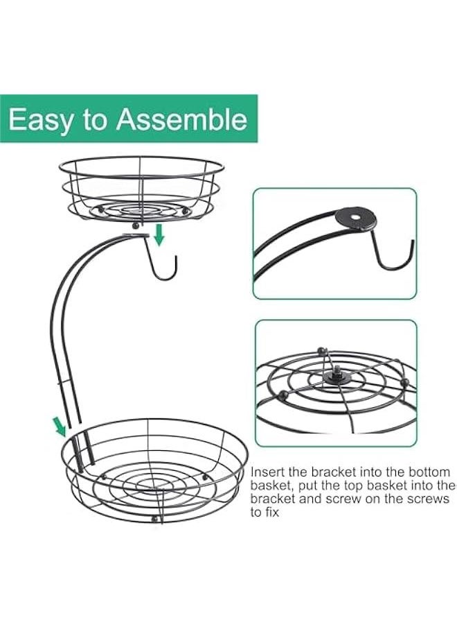 2 Tier Fruit Basket, Vegetables Countertop Bowl Storage With Banana Hanger, Detachable Bread, Snacks Baskets Holder Large Capacity Fruit Tray (Black)