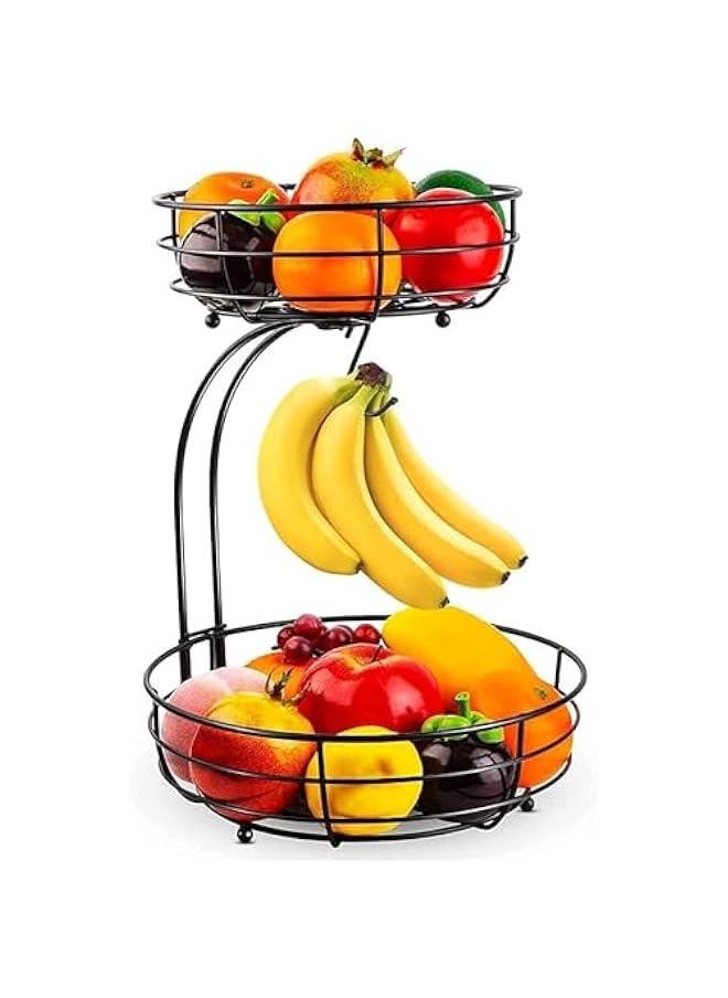 2 Tier Fruit Basket, Vegetables Countertop Bowl Storage With Banana Hanger, Detachable Bread, Snacks Baskets Holder Large Capacity Fruit Tray (Black)