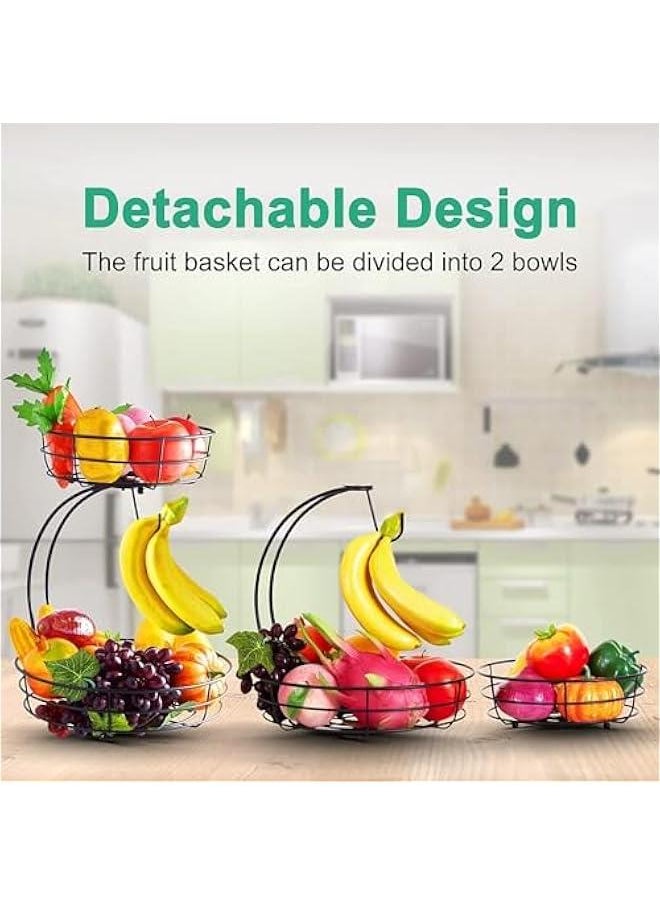 2 Tier Fruit Basket, Vegetables Countertop Bowl Storage With Banana Hanger, Detachable Bread, Snacks Baskets Holder Large Capacity Fruit Tray (Black)