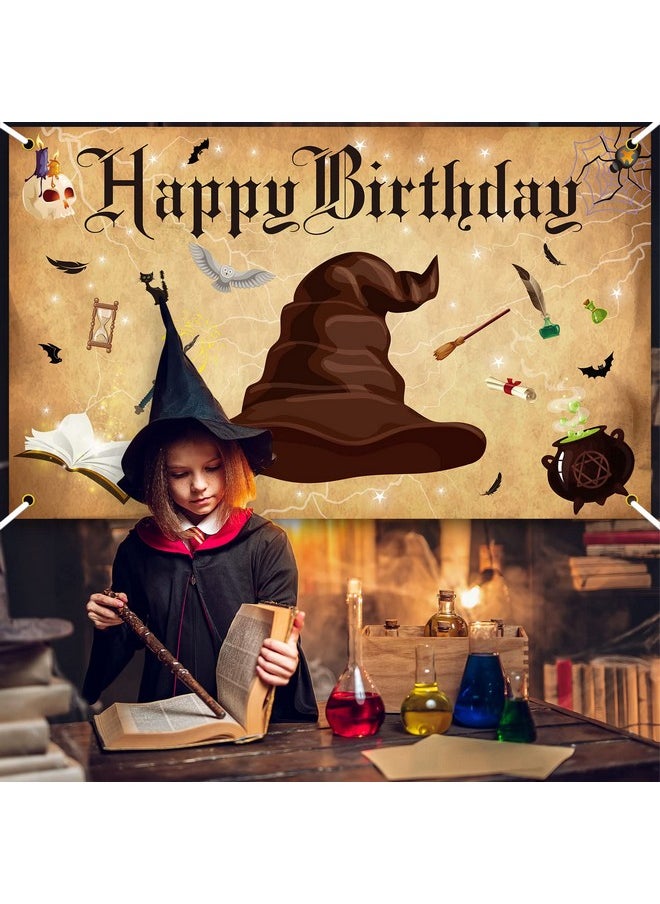 Magic Wizard Happy Birthday Party Supplies Halloween Magical Wizard Banner Backdrop Wizard Hat Party Background Photo Booth For Boys Girls Birthday Halloween Wall Decoration, 6 X 3.6 Feet