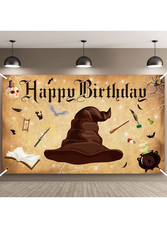 Magic Wizard Happy Birthday Party Supplies Halloween Magical Wizard Banner Backdrop Wizard Hat Party Background Photo Booth For Boys Girls Birthday Halloween Wall Decoration, 6 X 3.6 Feet