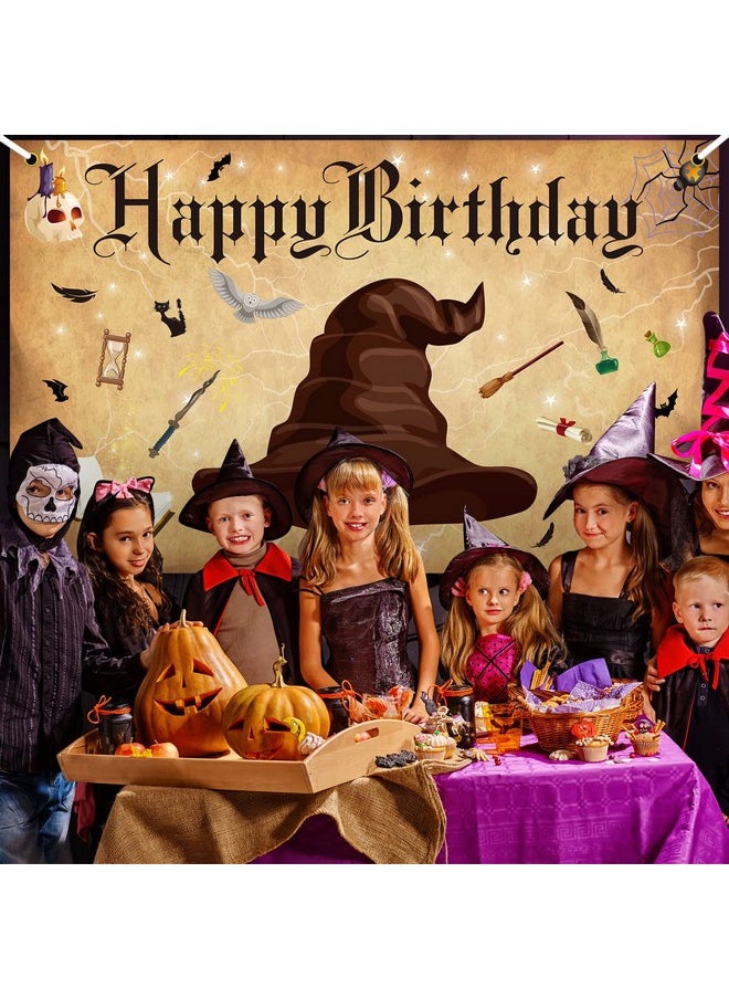 Magic Wizard Happy Birthday Party Supplies Halloween Magical Wizard Banner Backdrop Wizard Hat Party Background Photo Booth For Boys Girls Birthday Halloween Wall Decoration, 6 X 3.6 Feet