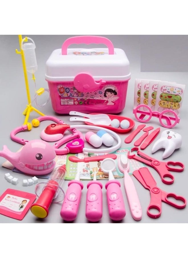 Medical Toy Kids Doctor Pretend Play Kit, Pretend to Play Set with Stethoscope for Kids Doctor Role Play Costume Dress Up (42 Pcs Pink)