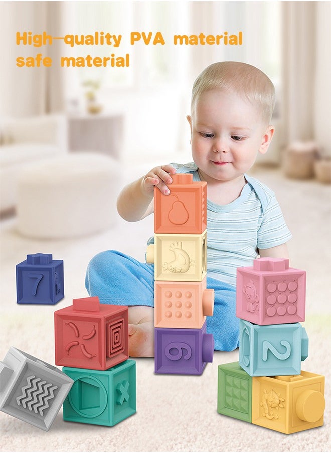 Soft Silicone Stacking Toy, Baby Montessori Sensory Ball Teether, Squeeze Play with Numbers Shapes Animals Fruit and Textures, Activity Toy for Toddlers 6 Months and Up, 12pcs