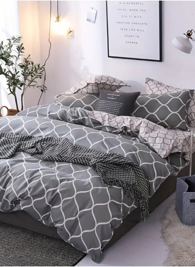 King size 6 Piece Geometric Pattern Duvet Cover Set Gray & Cream Bedding Set Reversible style.