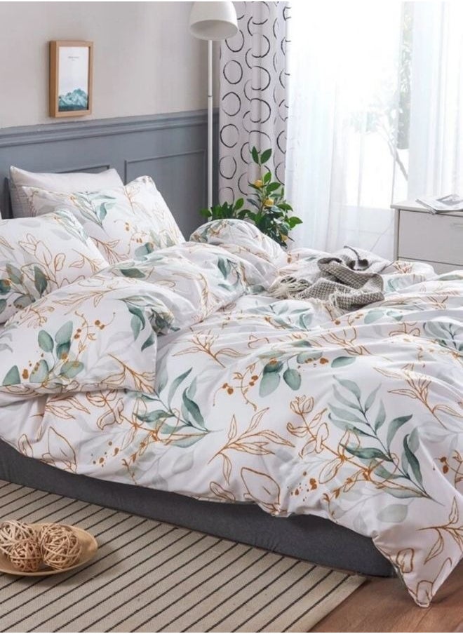 Queen Size Fresh Style Duvet Cover Set White with Green Leaves Bedding Set .