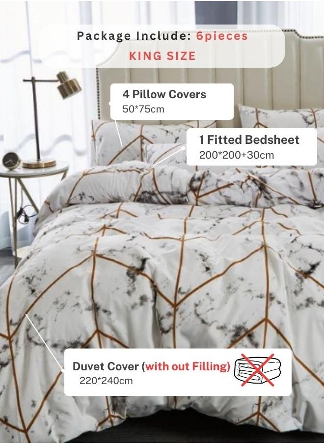 King size 6 piece without filler bedding set with marble design.