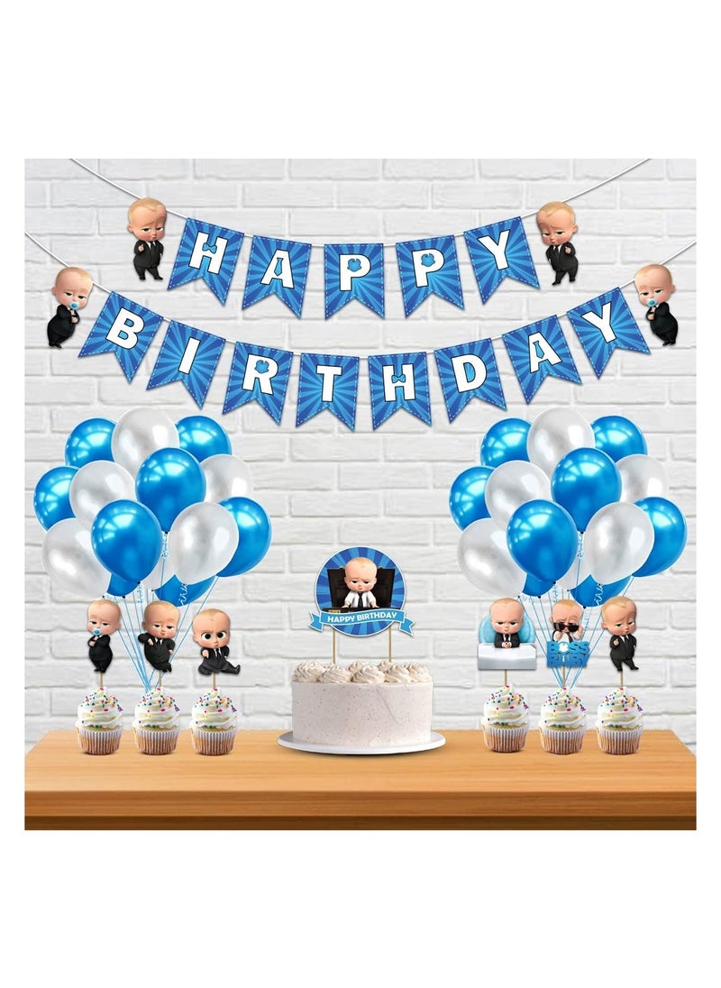 Boss Baby Theme Birthday Decorations 60 Pcs Combo Set- Boys/Kids Birthday Decorations Supplies- Happy Birthday Banner, Latex Balloons, Cake Toppers, Baby Boss Cup Cake Topper, Ribbons (Blue)