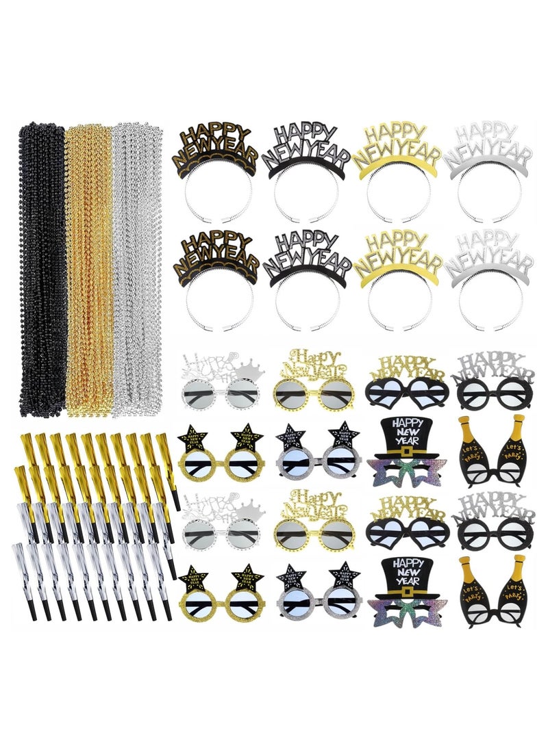 192 Pcs New Years Eve Party Supplies Include 48 New Year Headband 48 Happy New Year Glasses 48 Noise Makers 48 Bead Necklace for Adults 2024 New Year Day Xmas Party Supplies Favors Decor