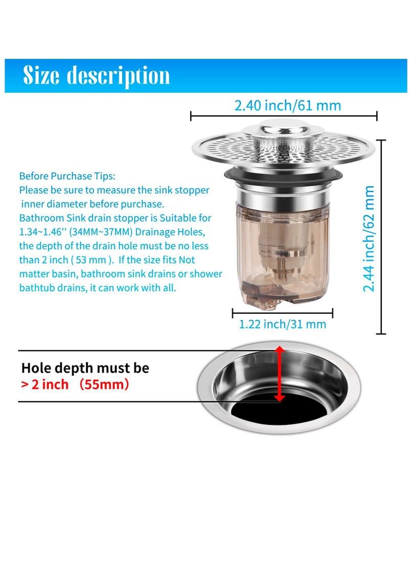 Bathroom Sink Stopper and Sink Drain Strainer 2 in 1 Catches Hair and Debris Suitable for 1.34~1.46'' Drainage Holes, Sink Drain Stopper Easy to Install Say Goodbye to Clogged Drain, Silver