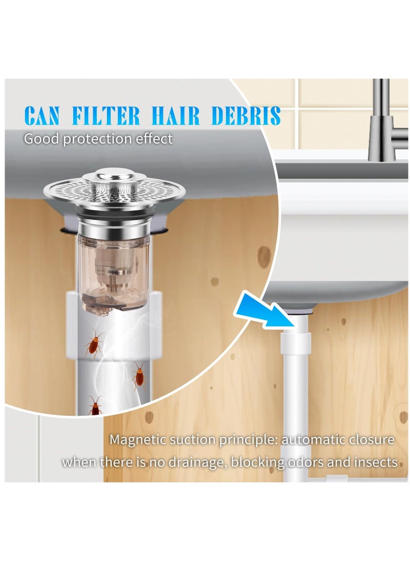 Bathroom Sink Stopper and Sink Drain Strainer 2 in 1 Catches Hair and Debris Suitable for 1.34~1.46'' Drainage Holes, Sink Drain Stopper Easy to Install Say Goodbye to Clogged Drain, Silver