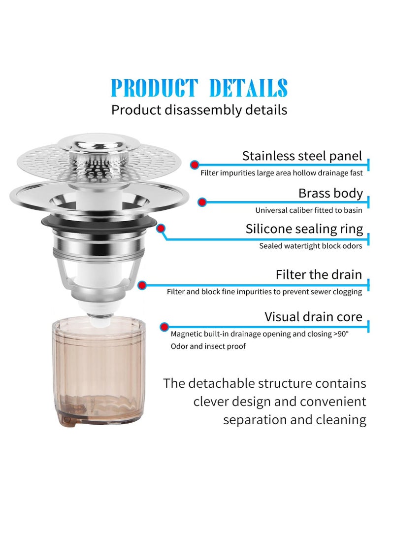 Bathroom Sink Stopper and Sink Drain Strainer 2 in 1 Catches Hair and Debris Suitable for 1.34~1.46'' Drainage Holes, Sink Drain Stopper Easy to Install Say Goodbye to Clogged Drain, Silver
